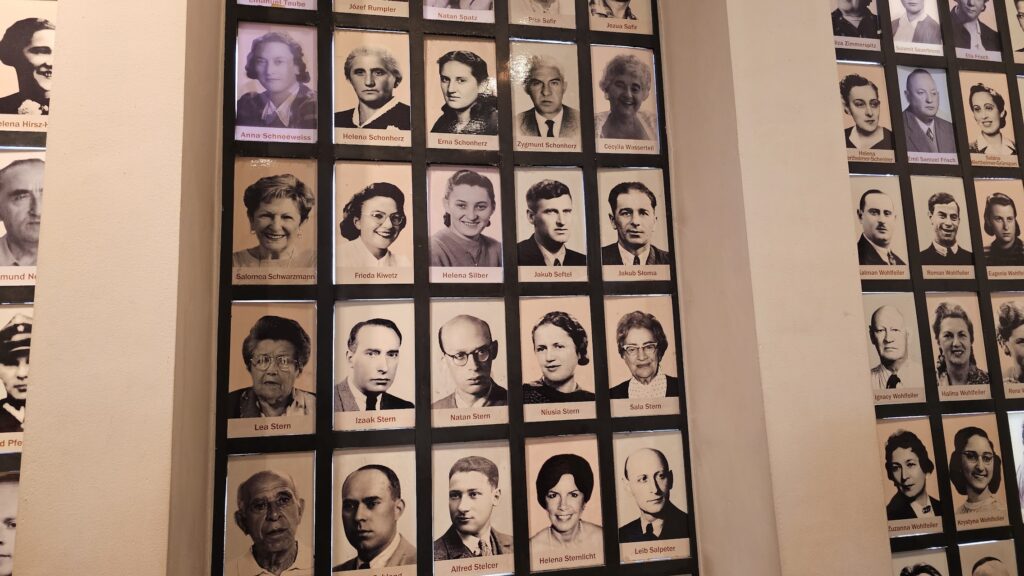 Display of portraits of survivors from Oskar Schindler’s Factory – part of the “Kraków Under Nazi Occupation 1939–1945” exhibition.