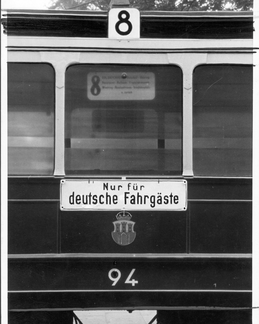 Tram type SN3 (no. 94) on line 8 in Kraków, marked “Nur für deutsche Fahrgäste” (“For Germans only”), September 1941 (public domain, National Digital Archives)